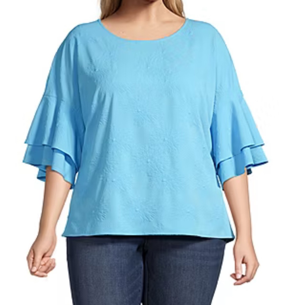 Liz Claiborne Round Neck Blouse Ruffle Sleeve 2X Boxy Dolman Embossed Cruise